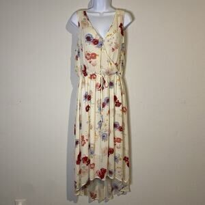 Lucky Brand Womens Painted Floral Maxi Hi Low Large Cream Dress Faux Wrap Summer